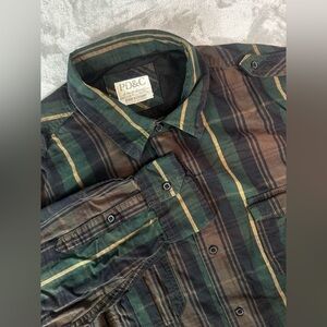 PD&C‎ Shirt Mens Medium Green Brown Plaid Button Up Casual Long Sleeve Cotton